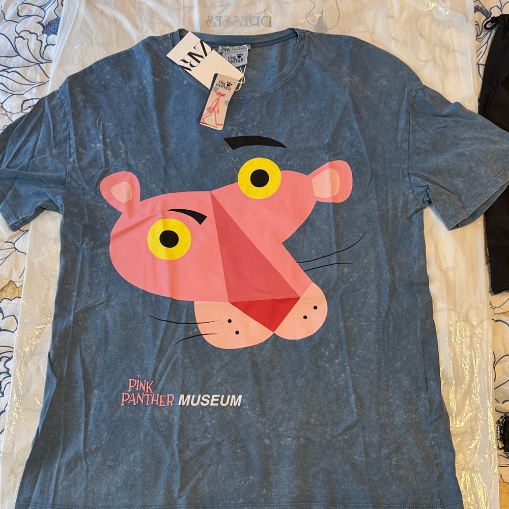 Zara Blue Tee with Pink Panther Museum Graphic